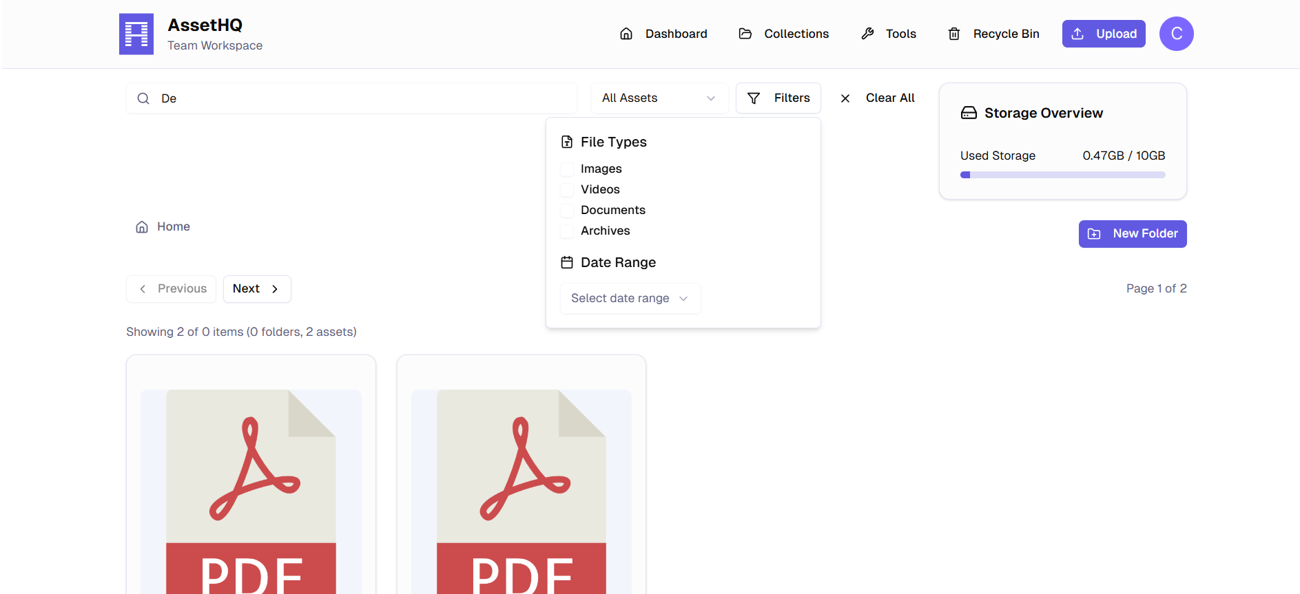 AssetHQ interface showing instant search across an organized asset library